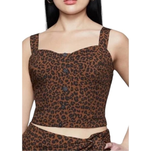 Good American Bustier Top Chai Leopard Print Cropped‎ Tank Smocked Back 0